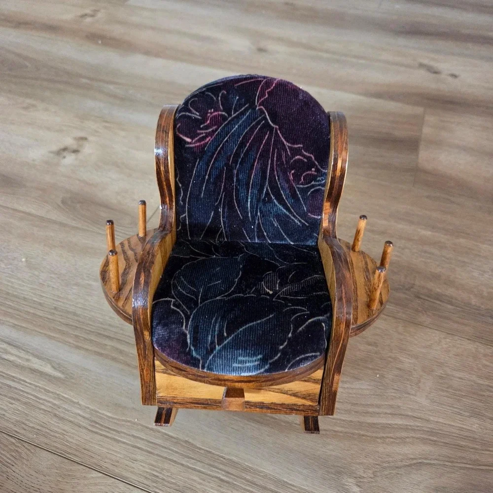 Vintage Wooden Rocking Chair Spool Holder Organizer with Drawer Floral‎ Fabric